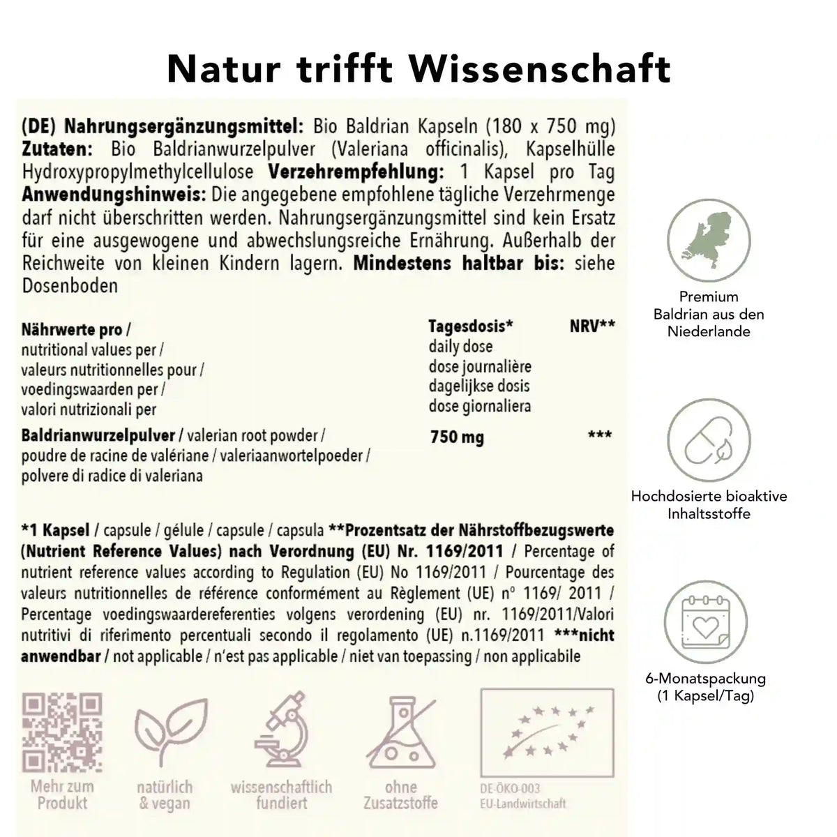 Produktinformation Bio Baldrian Kapseln: Zutaten, Tagesdosis 750 mg, Anwendungshinweise, Herkunft Niederlande, ohne Zusatzstoffe, wissenschaftlich fundiert, vegan, 6-Monatspackung