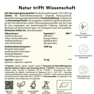 Produktinformation Bio bockshornklee Kapseln: Zutaten, Tagesdosis 1800 mg, Anwendungshinweise, Herkunft Indien, ohne Zusatzstoffe, wissenschaftlich fundiert, vegan, 3-Monatspackung