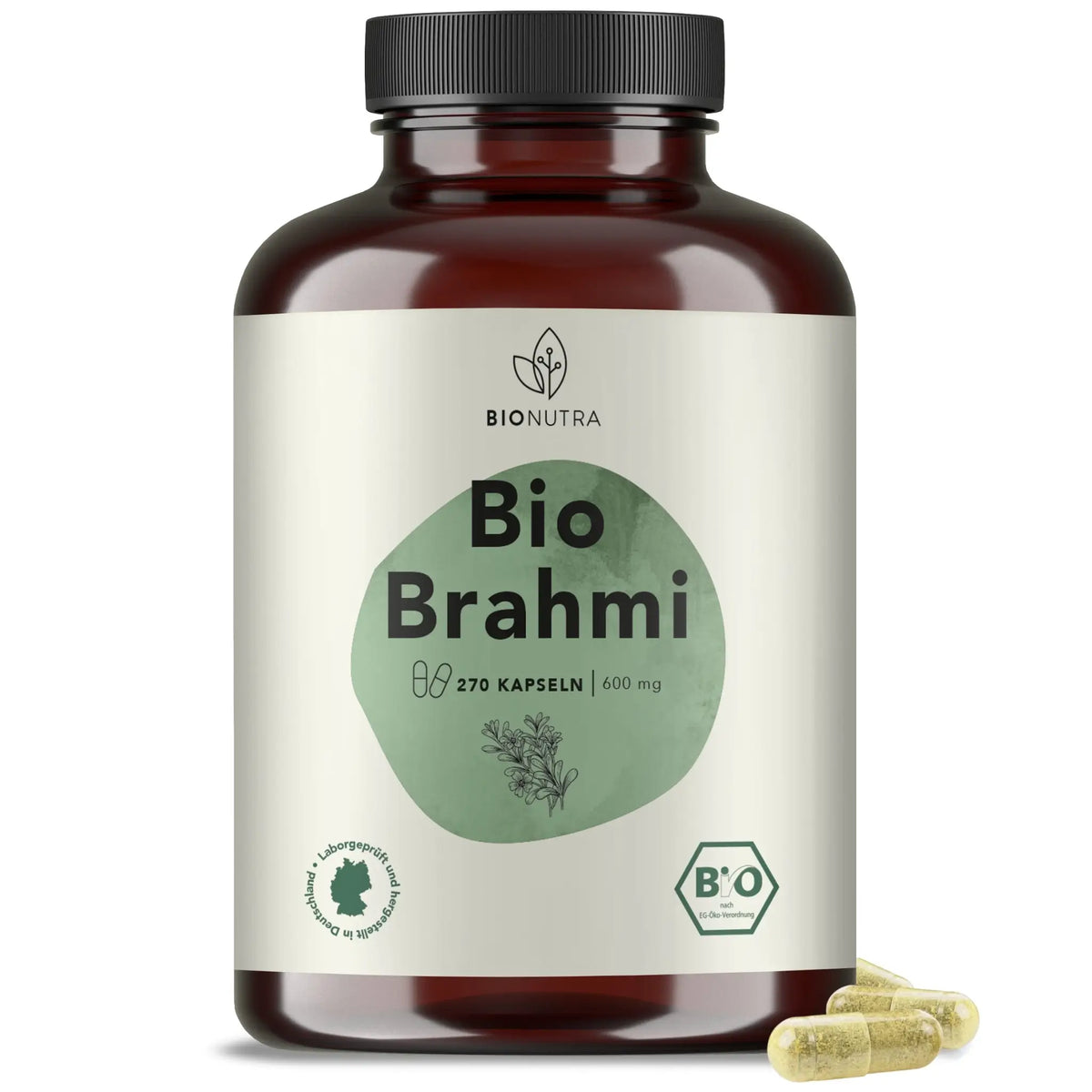 Bio Brahmi Kapseln–hochdosiert, 270 Stück in brauner PET-Dose, 600 mg pro Kapsel