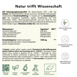 Produktinformation Bio Brahmi Kapseln: Zutaten, Tagesdosis 1200 mg, Anwendungshinweise, Herkunft Indien, ohne Zusatzstoffe, wissenschaftlich fundiert, vegan, 4-Monatspackung