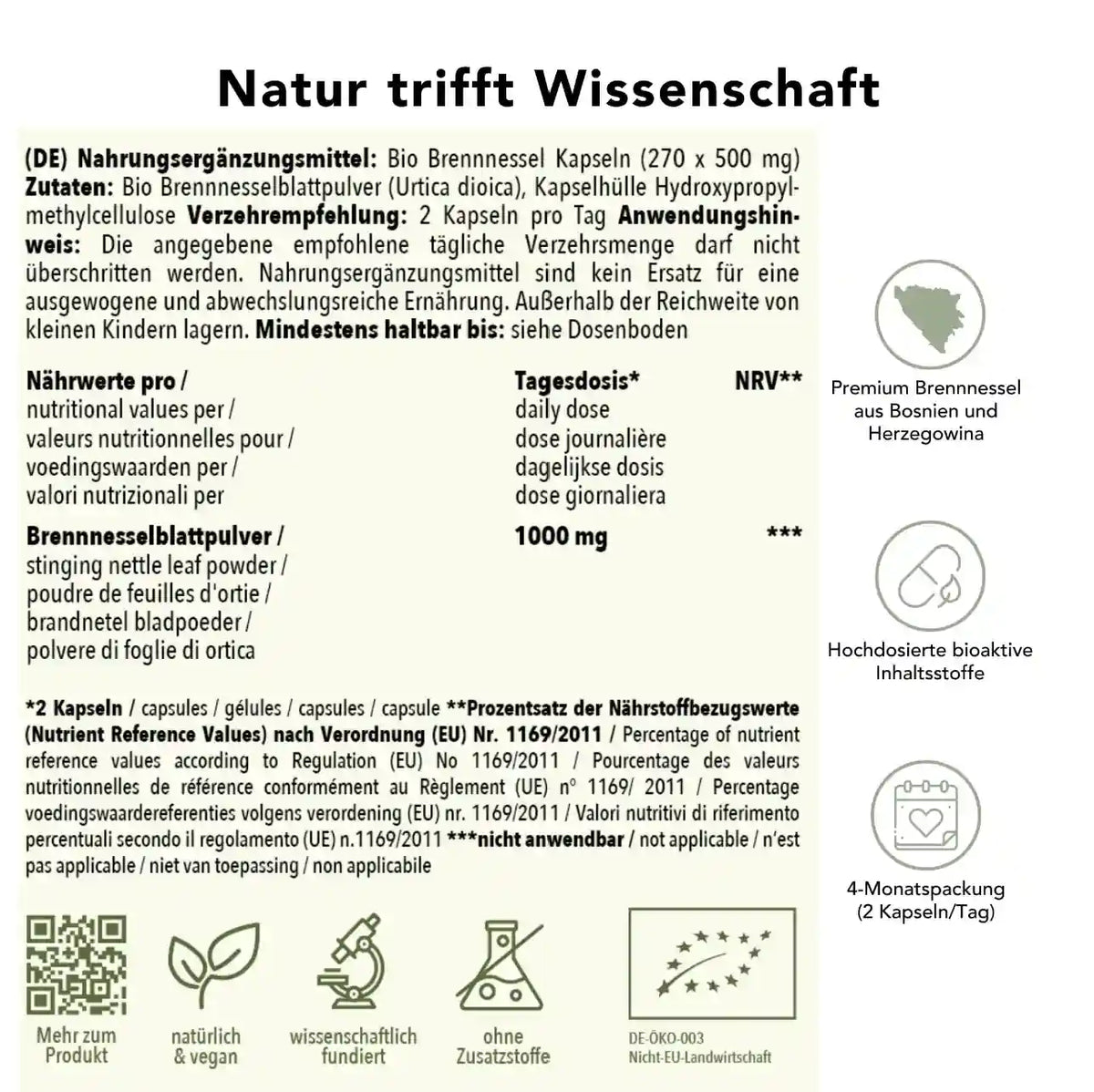 Brennnessel Kapseln – Produktinfos mit Zutaten, Tagesdosis 1000 mg, Herkunft Bosnien, ohne Zusatzstoffe, 4‑Monatspackung, hochdosierte Inhaltsstoffe