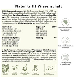 Brennnessel Kapseln – Produktinfos mit Zutaten, Tagesdosis 1000 mg, Herkunft Bosnien, ohne Zusatzstoffe, 4‑Monatspackung, hochdosierte Inhaltsstoffe