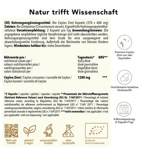Ceylon Zimt Kapseln Etikett
Produktinformation Ceylon Zimt Kapseln: Zutaten, Tagesdosis 1200 mg, Anwendungshinweise, Herkunft Seychellen, ohne Zusatzstoffe, wissenschaftlich fundiert, vegan, 4-Monatspackung