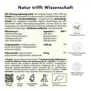 Produktinformation Bio Cordyceps Kapseln: Zutaten, Tagesdosis 1200 mg, Anwendungshinweise, Herkunft Indien, ohne Zusatzstoffe, wissenschaftlich fundiert, vegan, 3-Monatspackung