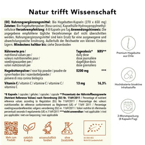 Produktinformation Bio Hagebutten Kapseln: Zutaten, Tagesdosis, Anwendungshinweise, Herkunft Chile, ohne Zusatzstoffe, wissenschaftlich fundiert, vegan, 3-Monatspackung