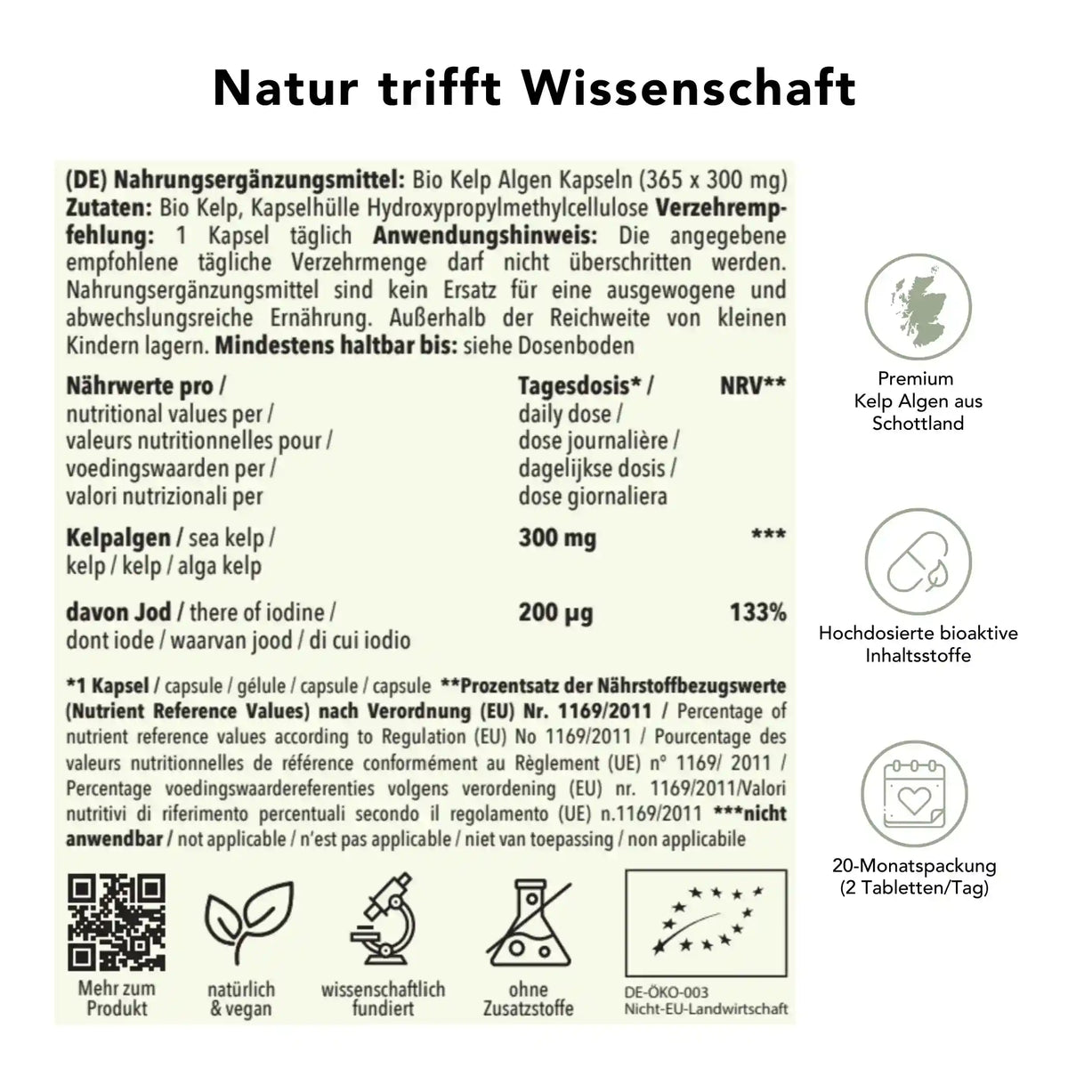 Produktinformation Bio Kelp Kapseln: Zutaten, Tagesdosis, Anwendungshinweise, Herkunft, ohne Zusatzstoffe, wissenschaftlich fundiert, vegan, 20-Monatspackung