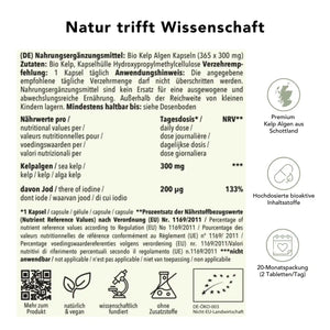 Produktinformation Bio Kelp Kapseln: Zutaten, Tagesdosis, Anwendungshinweise, Herkunft, ohne Zusatzstoffe, wissenschaftlich fundiert, vegan, 20-Monatspackung