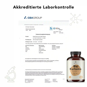 Zertifikat zur akkreditierten Laborkontrolle für Bio Kurkuma Pfeffer Kapseln– geprüft auf Schwermetalle, Mikrobiologie und Rückstände laut EU-Richtlinien