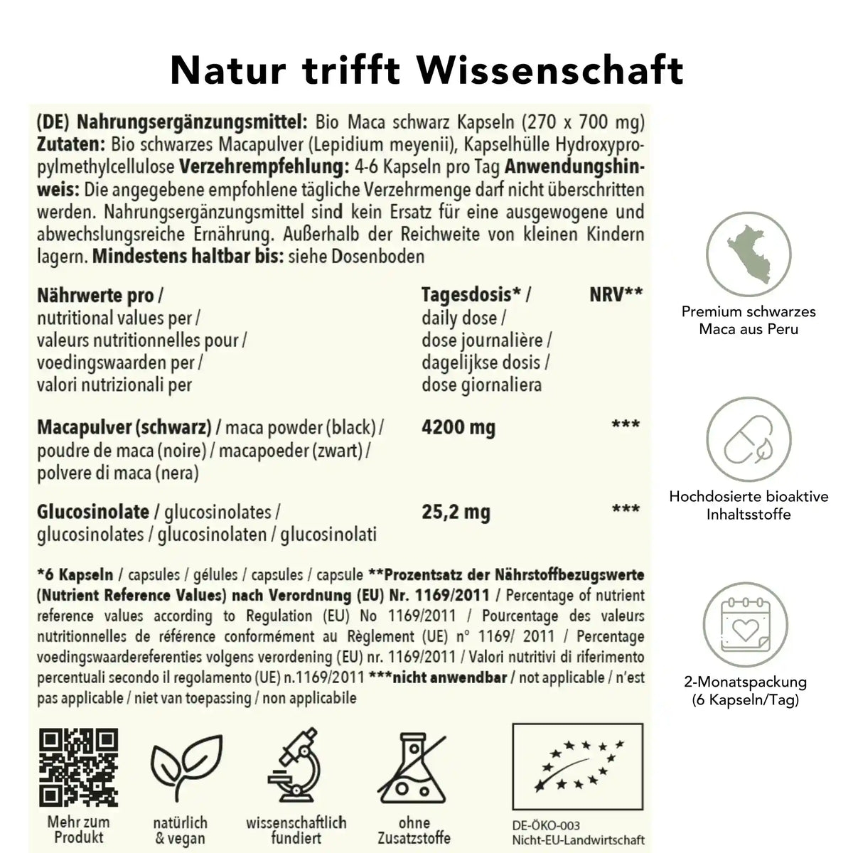 Produktinformation Bio schwarze maca Kapseln: Zutaten, Tagesdosis 4200 mg, Anwendungshinweise, Herkunft Peru, ohne Zusatzstoffe, wissenschaftlich fundiert, vegan, 2-Monatspackung