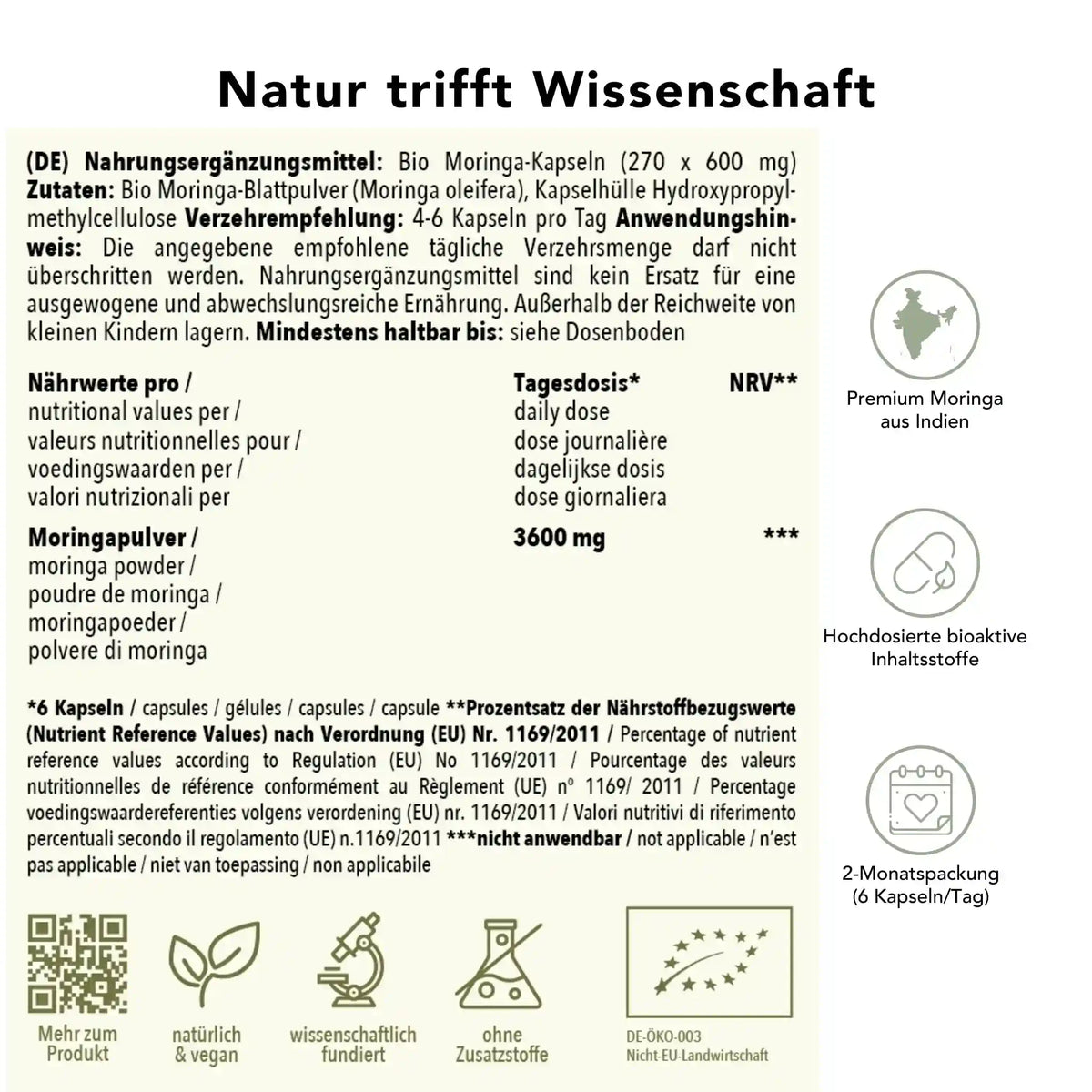Produktinformation Bio Moringa Kapseln: Zutaten, Tagesdosis, Anwendungshinweise, Herkunft Indien, ohne Zusatzstoffe, wissenschaftlich fundiert, vegan, 2-Monatspackung