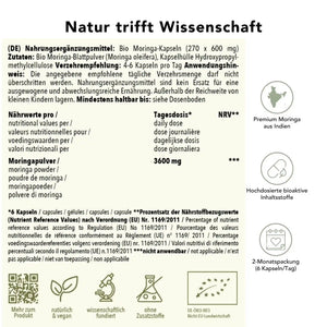 Produktinformation Bio Moringa Kapseln: Zutaten, Tagesdosis, Anwendungshinweise, Herkunft Indien, ohne Zusatzstoffe, wissenschaftlich fundiert, vegan, 2-Monatspackung