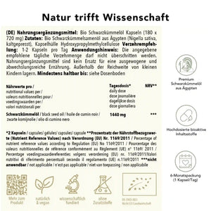 Produktinformation Bio Schwarzkümmelöl Kapseln: Zutaten, Tagesdosis 1440 mg, Anwendungshinweise, Herkunft Ägypten, ohne Zusatzstoffe, wissenschaftlich fundiert, vegan, 6-Monatspackung