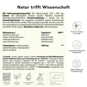 Produktinformation Bio Triphala_Kapseln: Zutaten, Tagesdosis 600 mg, Anwendungshinweise, Herkunft Indien, ohne Zusatzstoffe, wissenschaftlich fundiert, vegan, 4-Monatspackung