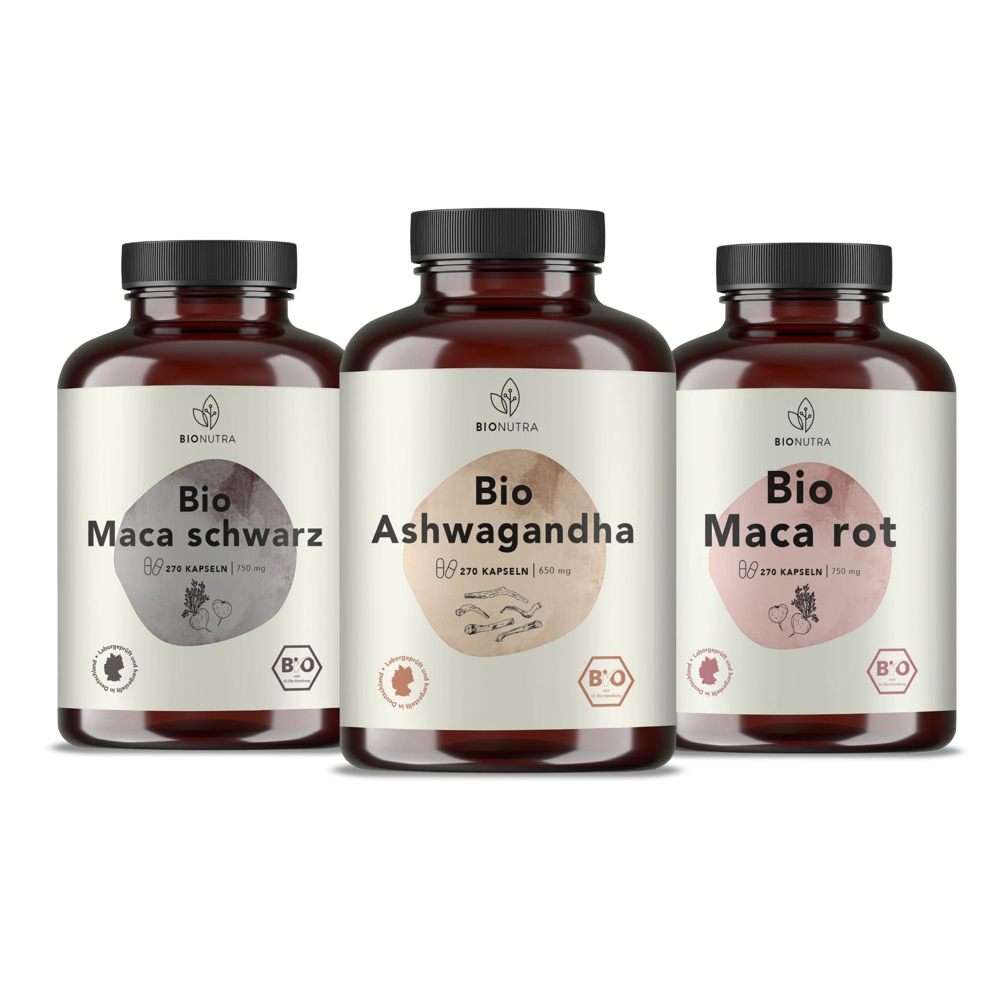Bionutra Die Kraft der Wurzeln enhält Bio Maca schwarz Kapseln, Bio Ashwagndha Kapseln, Bio Maca rot Kapseln
