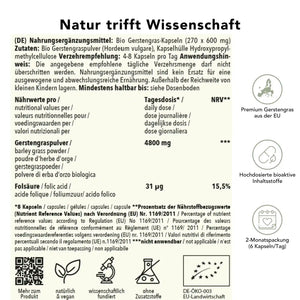 Produktinformation Bio Gerstengras Kapseln: Zutaten, Tagesdosis 4800 mg, Anwendungshinweise, Herkunft EU, ohne Zusatzstoffe, wissenschaftlich fundiert, vegan, 2-Monatspackung