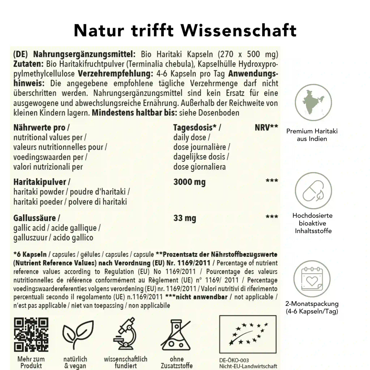 Produktinformation Bio Haritaki Kapseln: Zutaten, Tagesdosis 3000 mg, Anwendungshinweise, Herkunft Indien, ohne Zusatzstoffe, wissenschaftlich fundiert, vegan, 2-Monatspackung