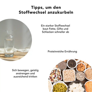 Tipps zur Stoffwechselaktivierung: Bewegung, viel Wasser, eiweissreiche Ernaehrung – kombiniert mit Kurkuma-Ingwer-Kapseln als natuerliche Unterstuetzung zur Anregung des Energie- und Verdauungsstoffwechsels.