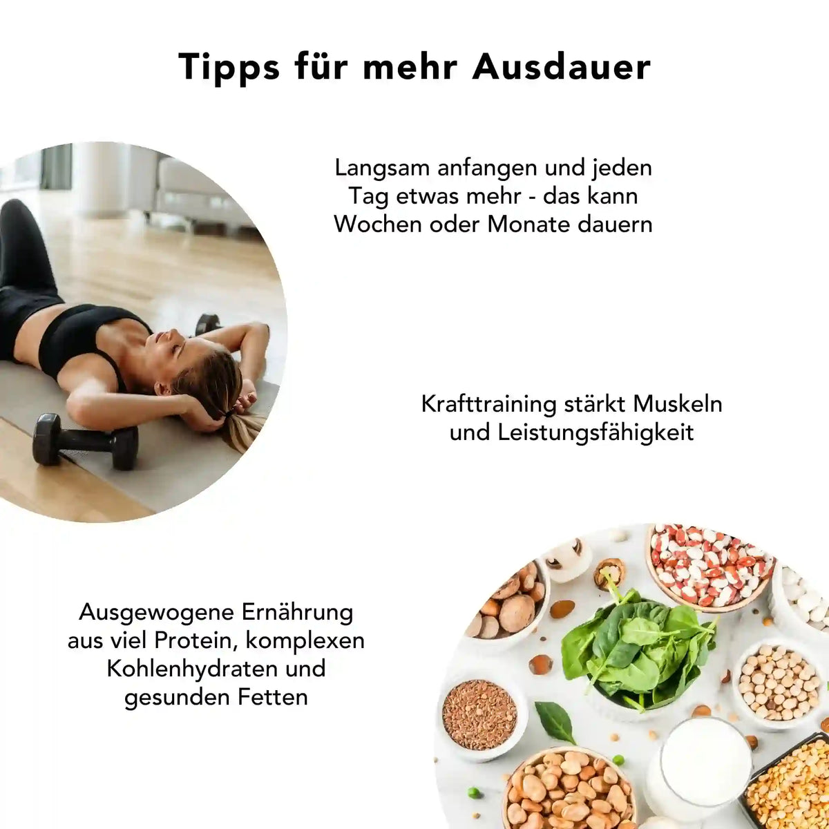 Frau beim Training auf Matte, dazu Lebensmittel wie Spinat, Nuesse und Bohnen – kombiniert mit Tipps zu Krafttraining, Proteinen und Maca Schwarz Kapseln fuer mehr Ausdauer