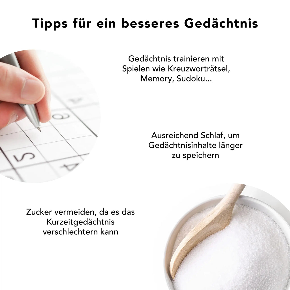 Tipps zur natuerlichen Foerderung des Gedaechtnisses mit Spielen wie Sudoku und Kreuzwortraetseln, ausreichend Schlaf und weniger Zucker – kombiniert mit Brahmi-Kapseln als pflanzliche Unterstuetzung fuer Konzentration und mentale Klarheit.