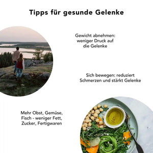 Ernaehrungstipps fuer gesunde Gelenke: Bewegung, Gewichtsreduktion, vitaminreiche Kost und gesunde Fette – kombiniert mit Hagebutten-Kapseln als pflanzliche Unterstuetzung fuer mehr Gelenkkomfort.