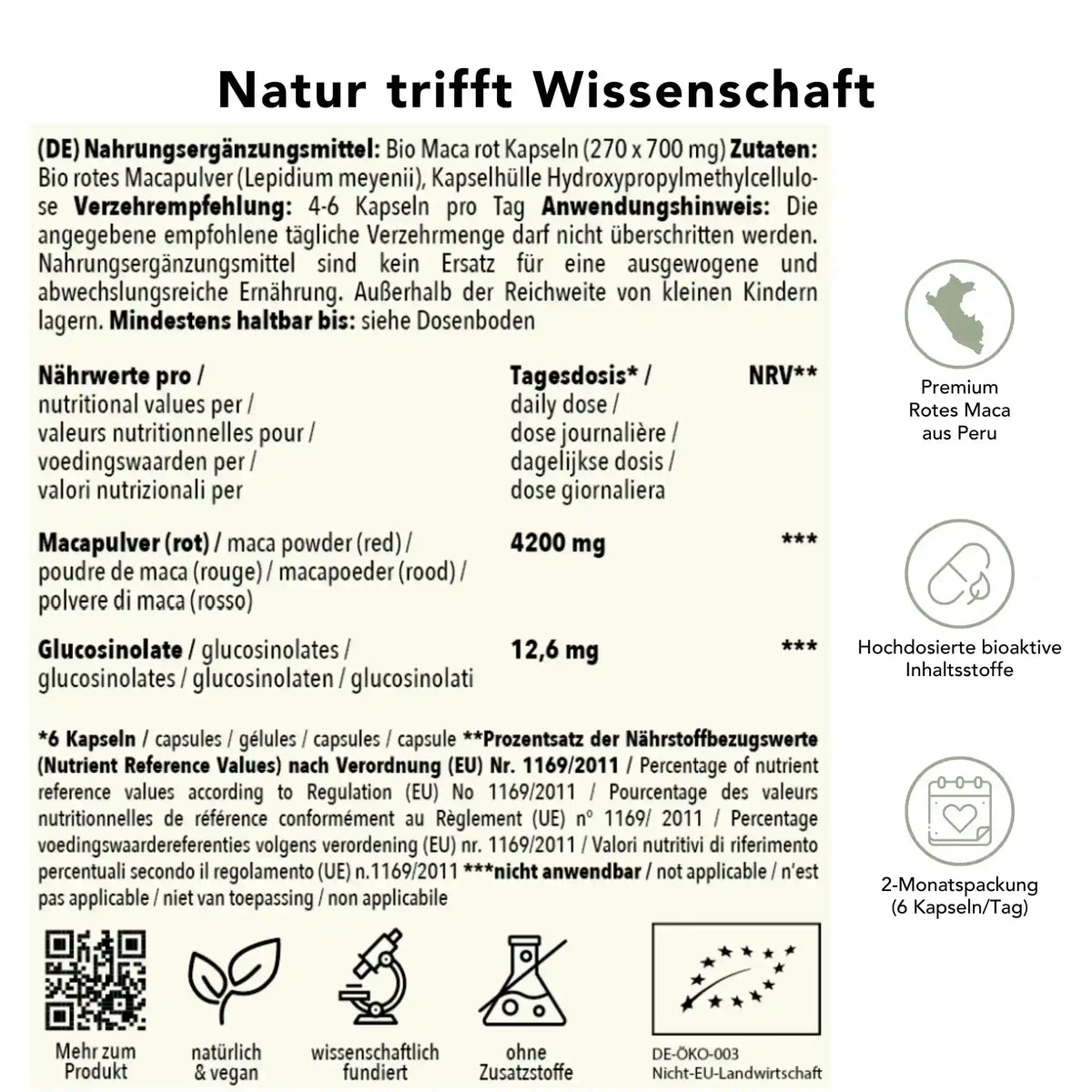 Produktinformation Bio maca rot Kapseln: Zutaten, Tagesdosis 4200 mg, Anwendungshinweise, Herkunft Peru, ohne Zusatzstoffe, wissenschaftlich fundiert, vegan, 2-Monatspackung
