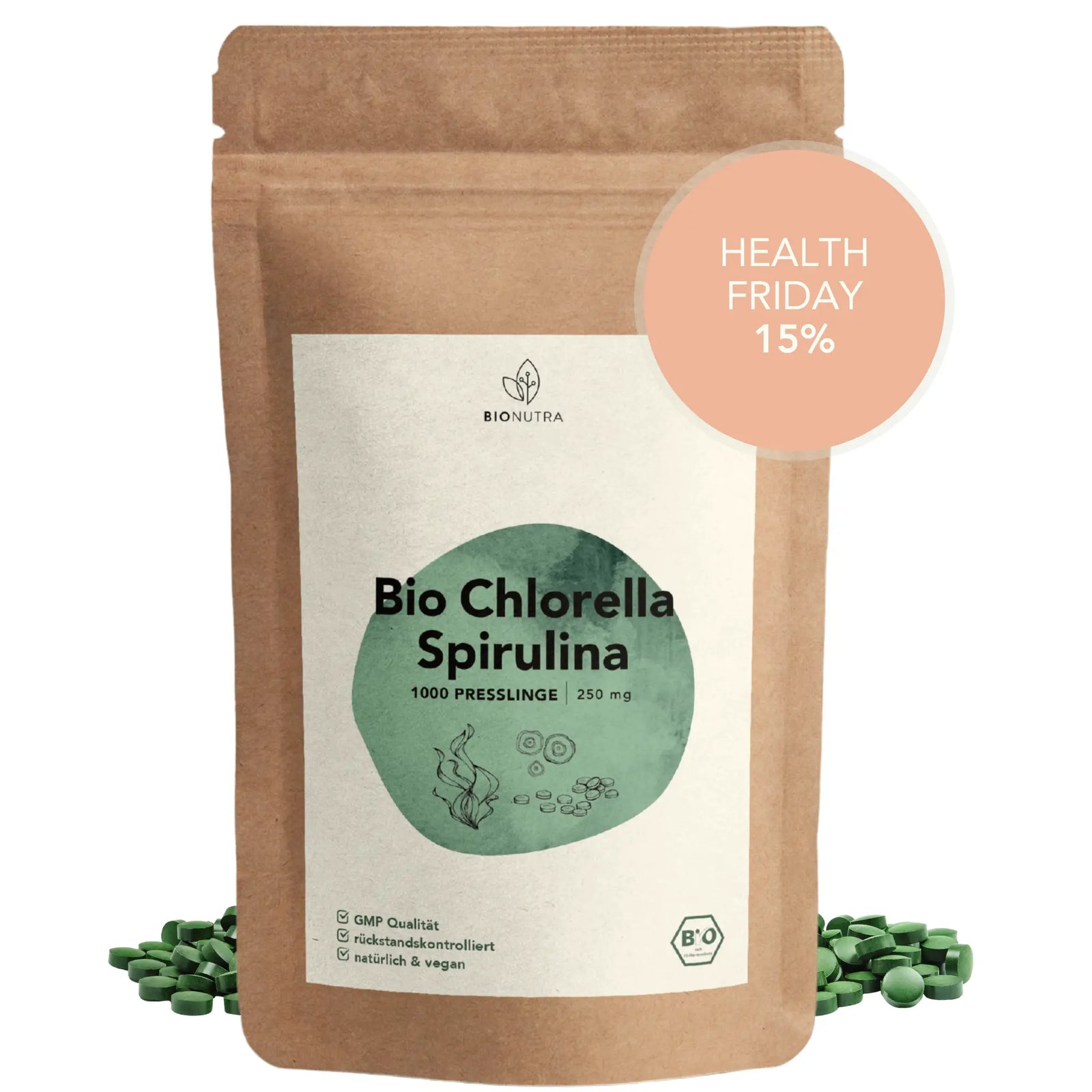 Bio Chlorella-Spirulina Tabletten / Presslinge, membrangebrochen
