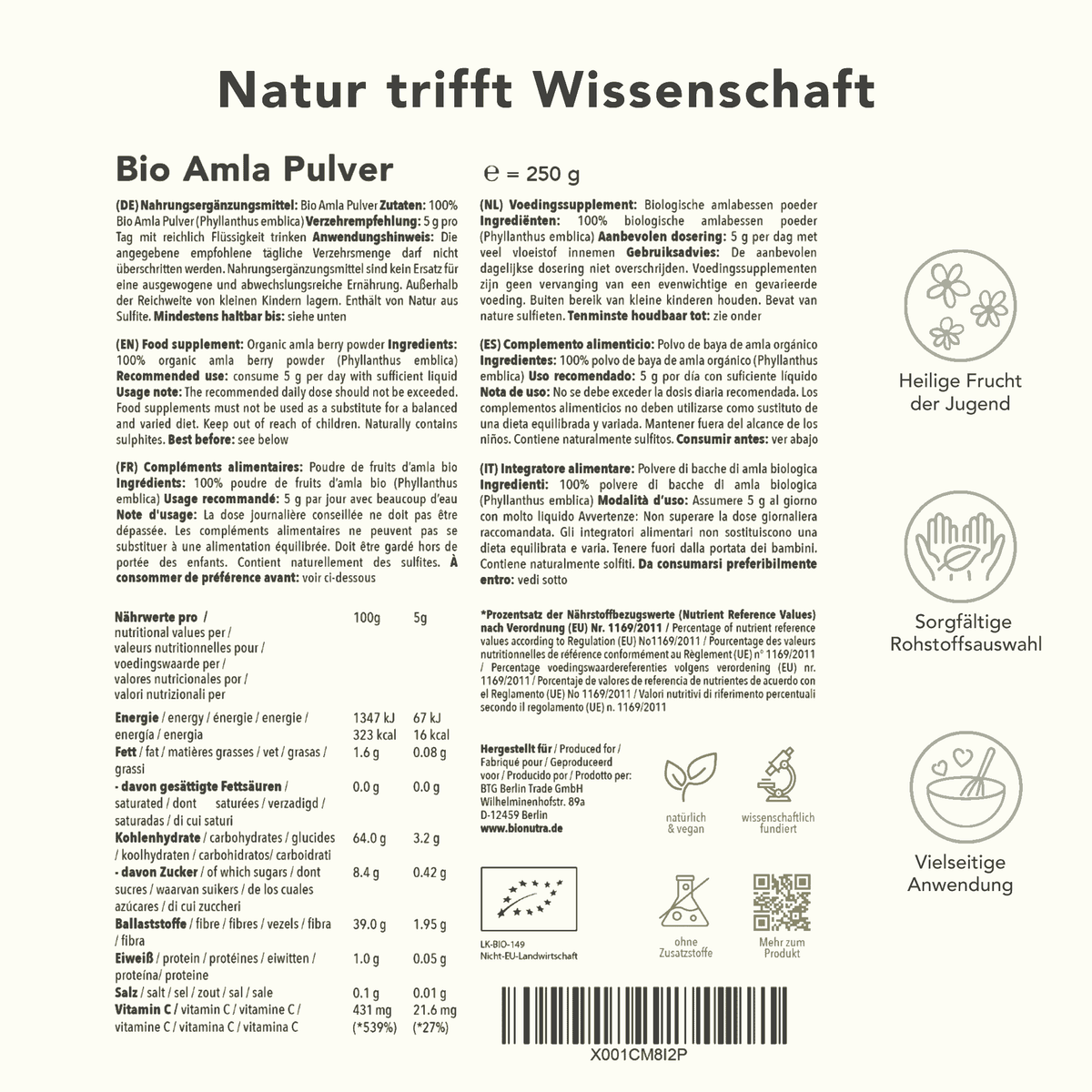 Produktinformation Bio Amla Pulver 250 g: Zutaten, Tagesdosis 5 g, Anwendungshinweise, Herkunft Sri Lanka, ohne Zusatzstoffe, wissenschaftlich fundiert, vegan, Ohne Zusatzstoffe