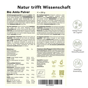 Produktinformation Bio Amla Pulver 250 g: Zutaten, Tagesdosis 5 g, Anwendungshinweise, Herkunft Sri Lanka, ohne Zusatzstoffe, wissenschaftlich fundiert, vegan, Ohne Zusatzstoffe