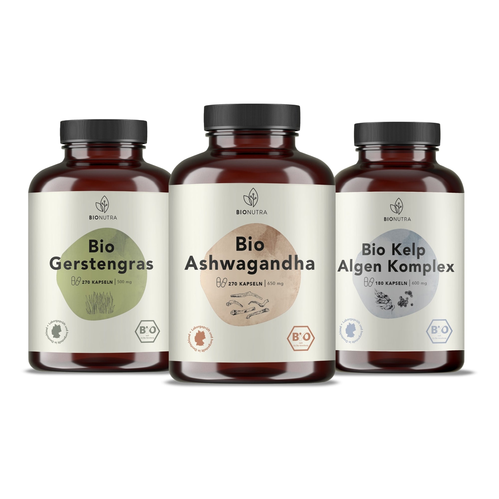 Anti-Stress Paket enthält Bio Ashwagandha Kapseln, Bio Gerstengras Kapseln und Bio Kelp Algen Komplex Kapseln