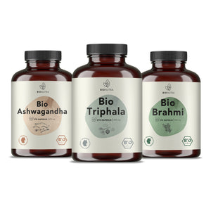 Ayurveda Set enthält Bio Ashwagandha Kapseln, Bio Triphala Kapseln und Bio Brahmi Kapseln