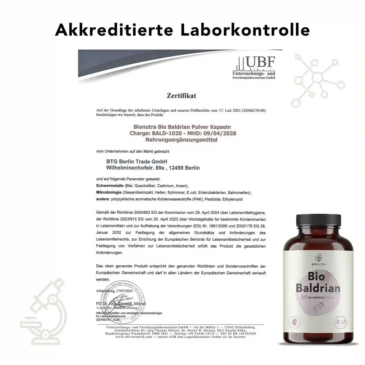 Zertifikat zur akkreditierten Laborkontrolle für Bio Baldrian Kapseln – geprüft auf Schwermetalle, Mikrobiologie und Rückstände laut EU-Richtlinien
