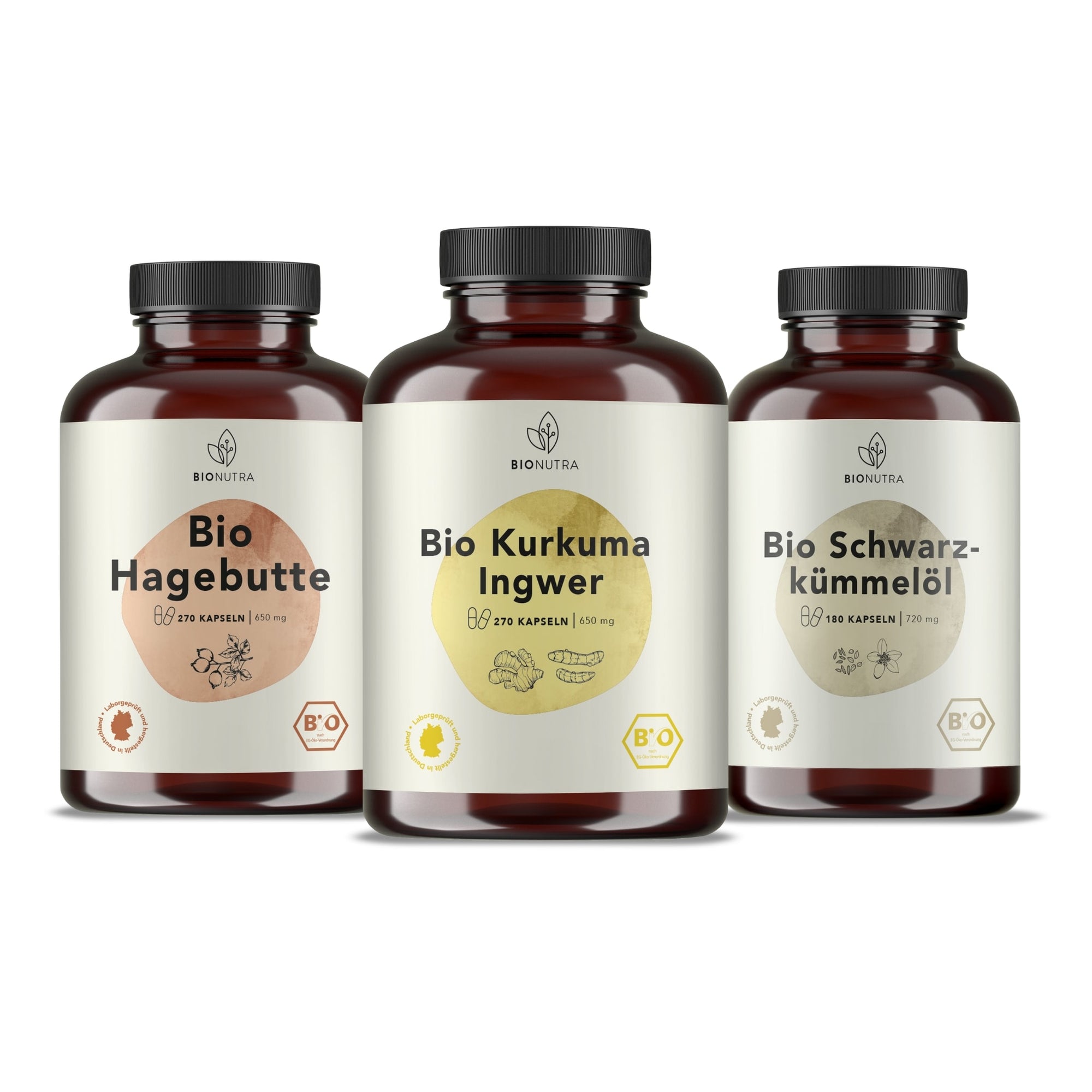 Bewegung Gelenke Set enthält Bio Kurkuma Ingwer Kapseln, Bio Hagebutte Kapseln, Bio Schwarzkümmelöl Kapseln