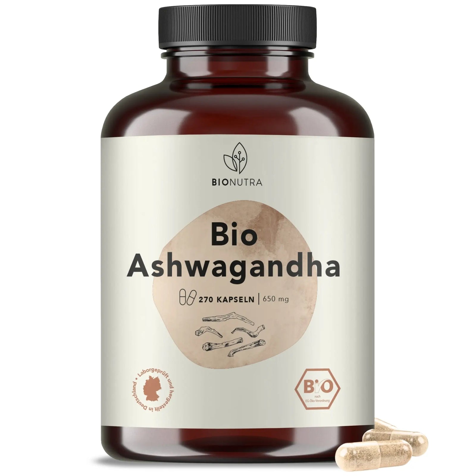 Bio Ashwagandha_Kapseln–hochdosiert, 270 Stück in brauner PET-Dose, 650 mg pro Kapsel
