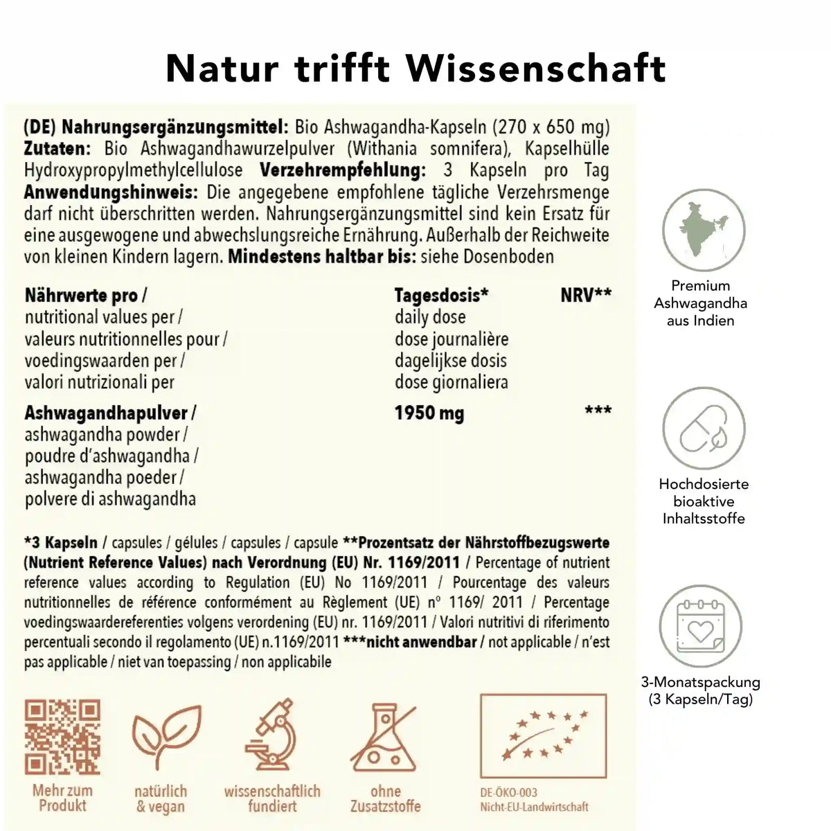 Produktinformation Bio Ashwagandha Kapseln: Zutaten, Tagesdosis 1950 mg, Anwendungshinweise, Herkunft China, ohne Zusatzstoffe, wissenschaftlich fundiert, vegan, 3-Monatspackung
