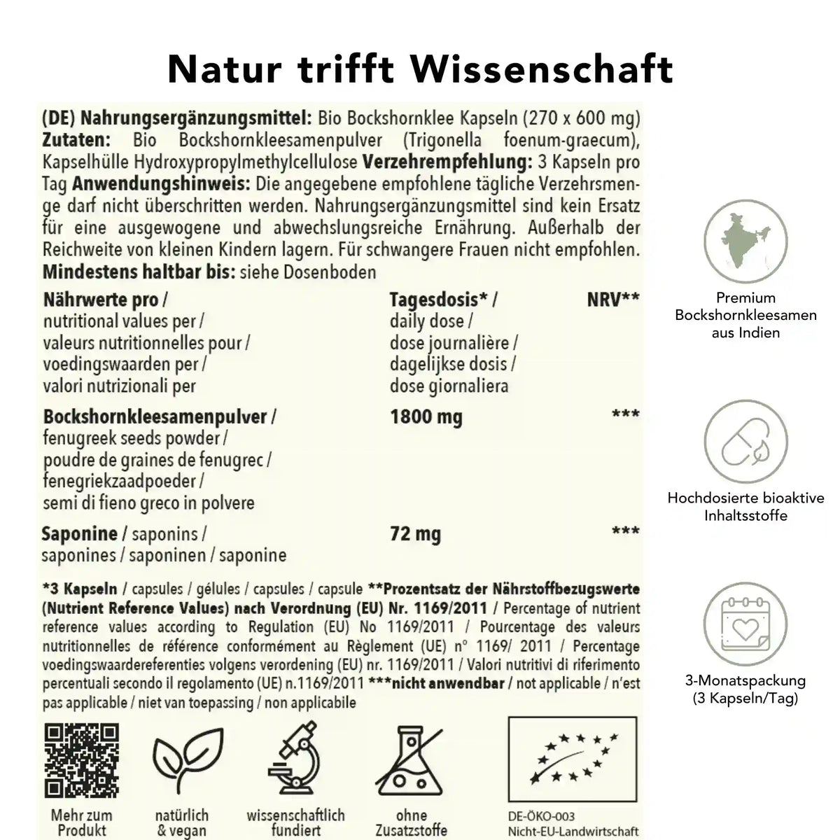 Produktinformation Bio bockshornklee Kapseln: Zutaten, Tagesdosis 1800 mg, Anwendungshinweise, Herkunft Indien, ohne Zusatzstoffe, wissenschaftlich fundiert, vegan, 3-Monatspackung