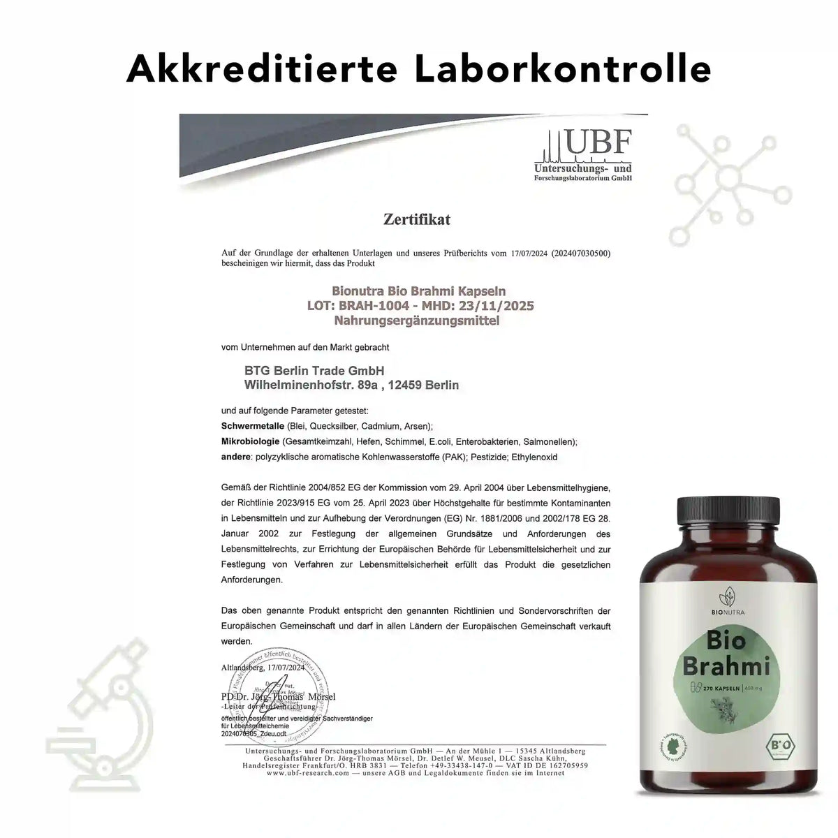 Zertifikat zur akkreditierten Laborkontrolle für Bio Brahmi Kapseln– geprüft auf Schwermetalle, Mikrobiologie und Rückstände laut EU-Richtlinien