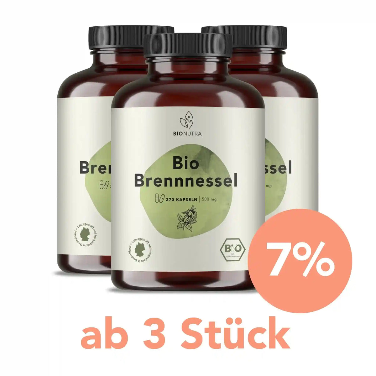 bio Brennnessel Kapseln – 3er-Vorratspackung à 270 Stück mit 7 % Rabatt ab 3 Stück, vegan und hochdosiert
