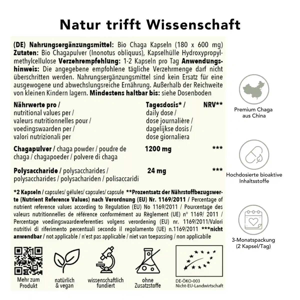 Produktinformation Bio Chaga Pilz Kapseln: Zutaten, Tagesdosis 1200 mg, Anwendungshinweise, Herkunft China, ohne Zusatzstoffe, wissenschaftlich fundiert, vegan, 3-Monatspackung