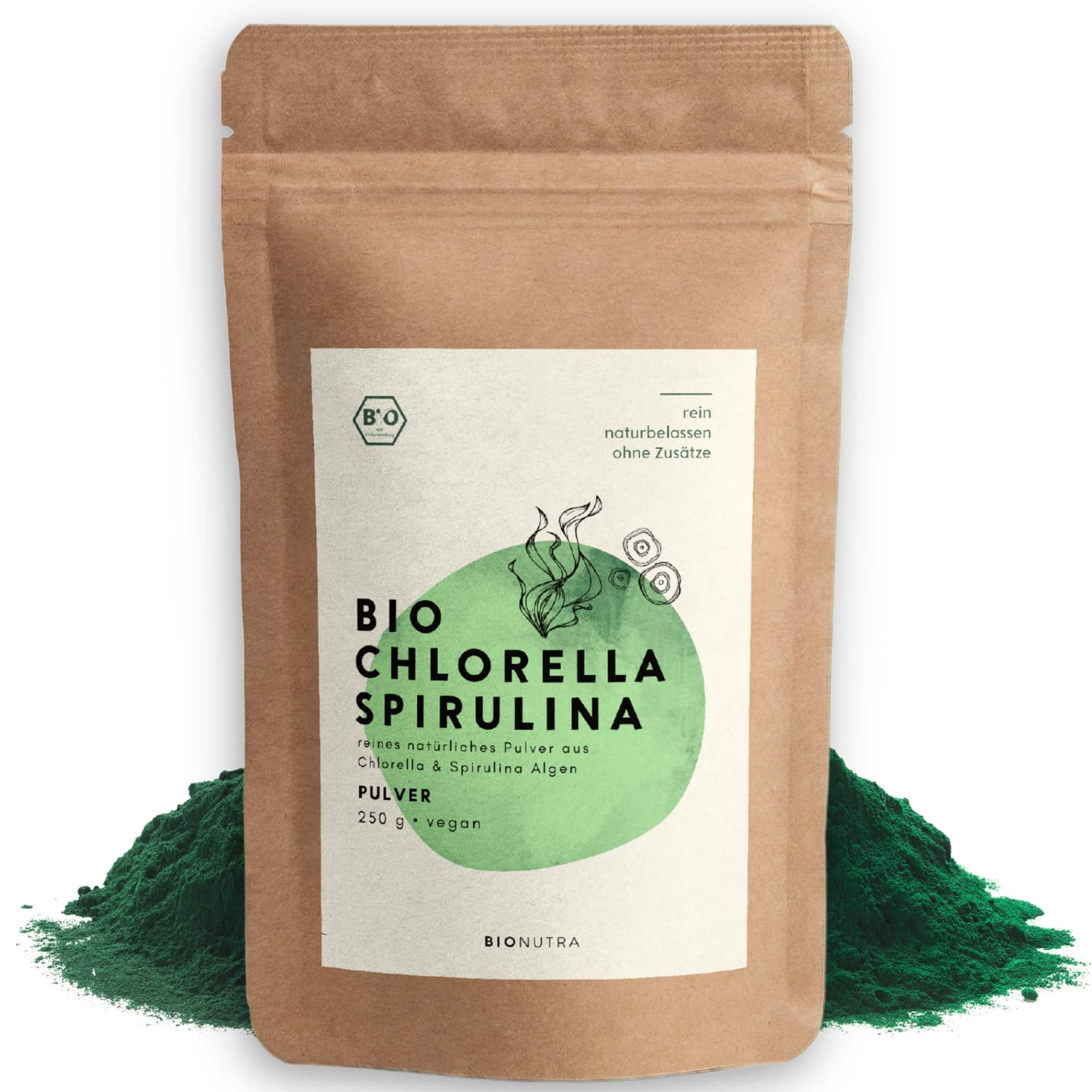Chlorella Spirulina Pulver – 250 g veganes Algenpulver im umweltfreundlichen Beutel, ohne Zusatzstoffe