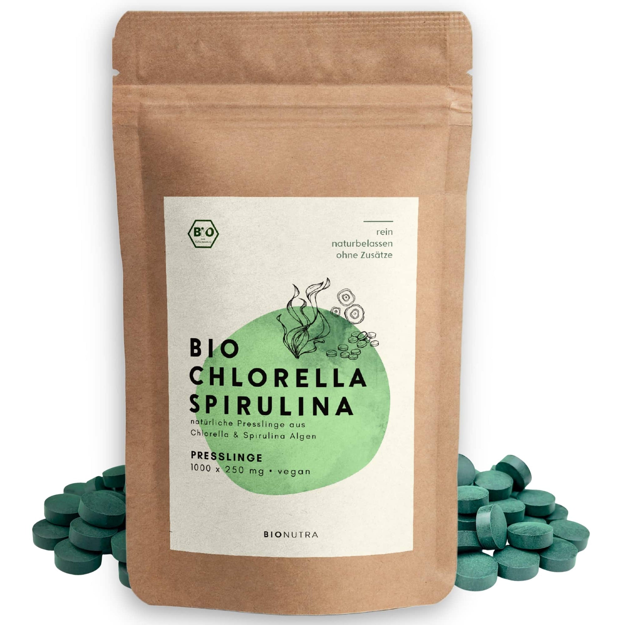 chlorella spirulina presslinge – 250 g veganes algen presslinge im umweltfreundlichen Beutel, ohne Zusatzstoffe