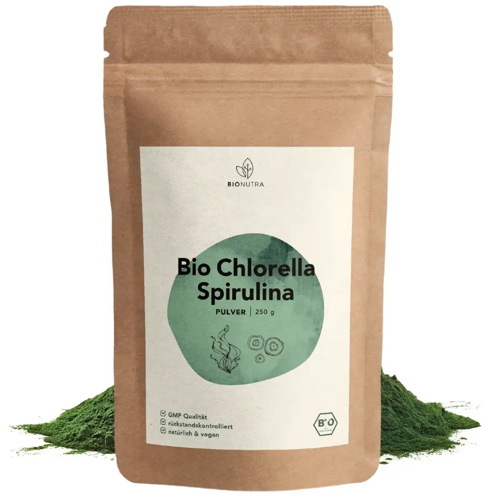 Chlorella Spirulina Pulver – 250 g veganes Algenpulver im umweltfreundlichen Beutel, ohne Zusatzstoffe