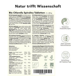 Bio Chlorella Spirulina Presslinge Etikett-Ausschnitt mit Angaben zu Inhaltsstoffen, Dosierung und Qualitätshinweisen