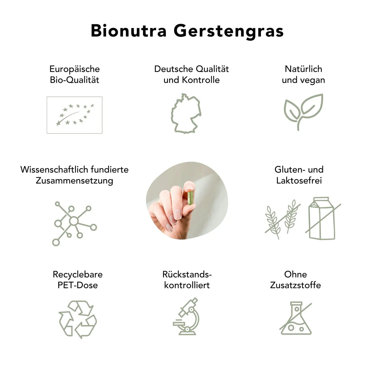 Gerstengras Kapseln: bio, vegan, rueckstandskontroliert, ohne Zusatzstoffe, Gluten und Laktosefrei