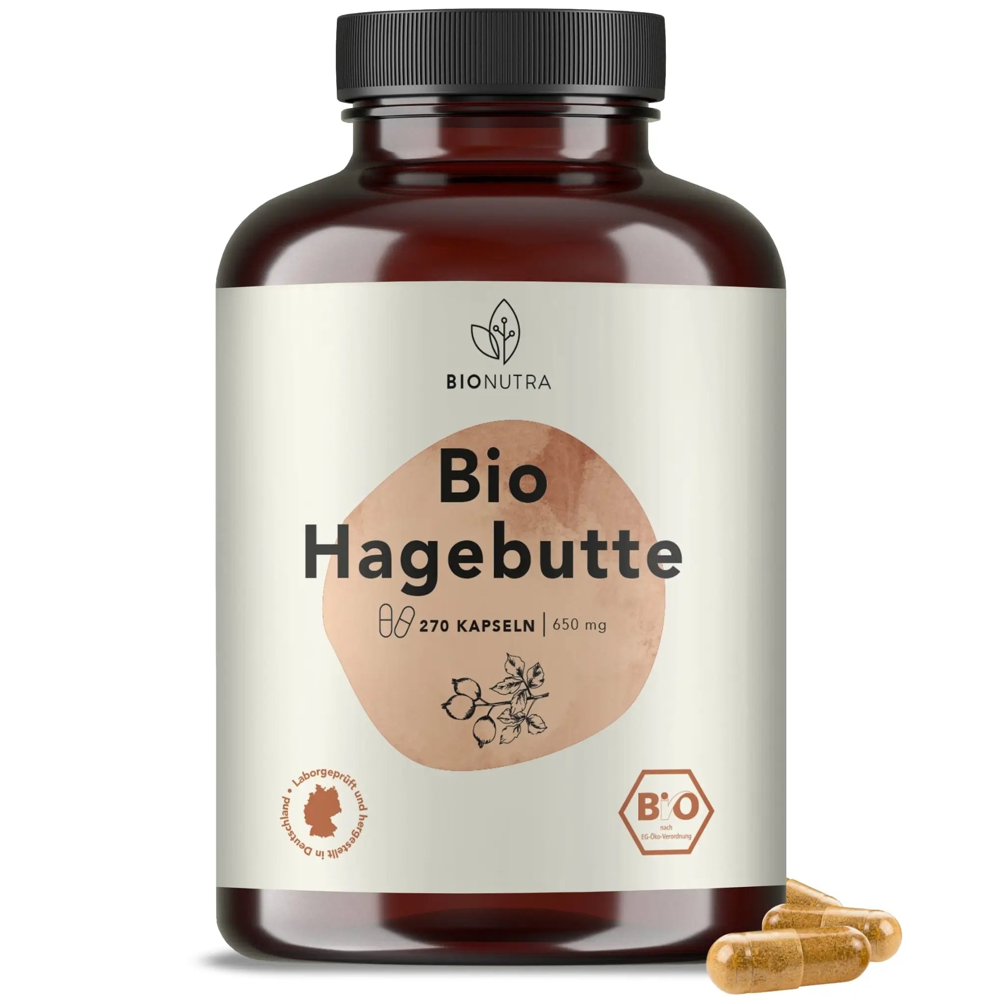 Bio Hagebutten Kapseln–hochdosiert, 270 Stück in brauner PET-Dose, 650 mg pro Kapsel