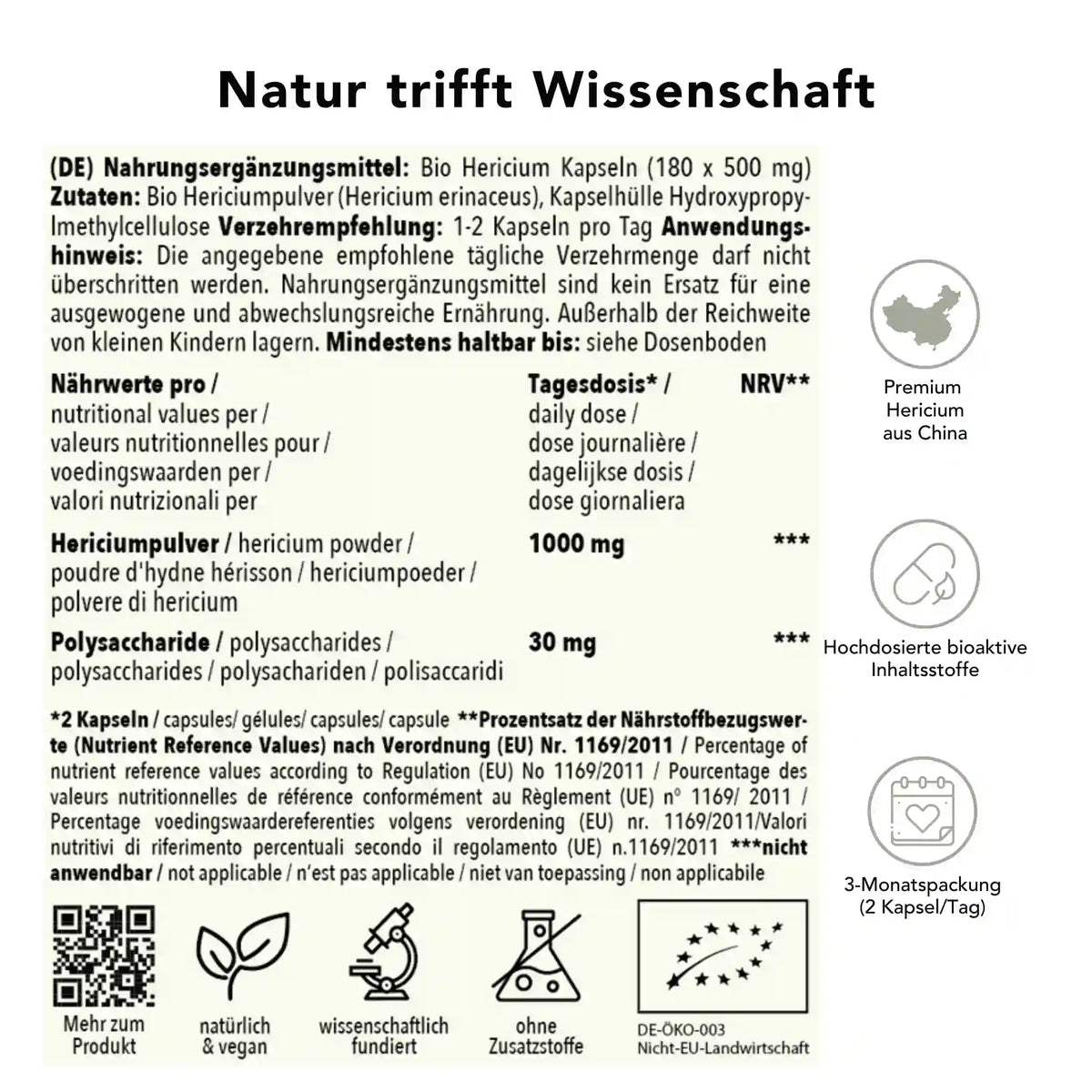 Produktinformation Bio Hericium kapseln: Zutaten, Tagesdosis 1000 mg, Anwendungshinweise, Herkunft China, ohne Zusatzstoffe, wissenschaftlich fundiert, vegan, 3-Monatspackung