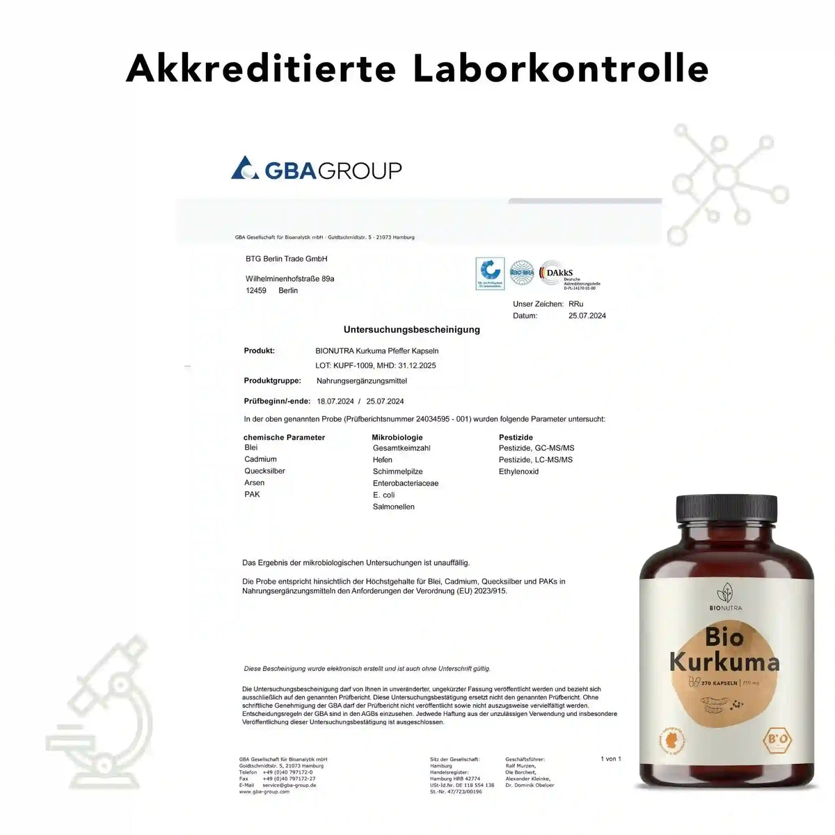 Zertifikat zur akkreditierten Laborkontrolle für Bio Kurkuma Pfeffer Kapseln– geprüft auf Schwermetalle, Mikrobiologie und Rückstände laut EU-Richtlinien