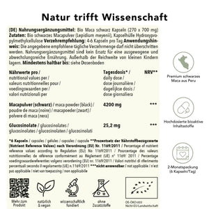 Produktinformation Bio schwarze maca Kapseln: Zutaten, Tagesdosis 4200 mg, Anwendungshinweise, Herkunft Peru, ohne Zusatzstoffe, wissenschaftlich fundiert, vegan, 2-Monatspackung
