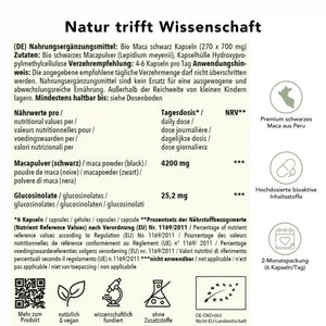 Produktinformation Bio schwarze maca Kapseln: Zutaten, Tagesdosis 4200 mg, Anwendungshinweise, Herkunft Peru, ohne Zusatzstoffe, wissenschaftlich fundiert, vegan, 2-Monatspackung
