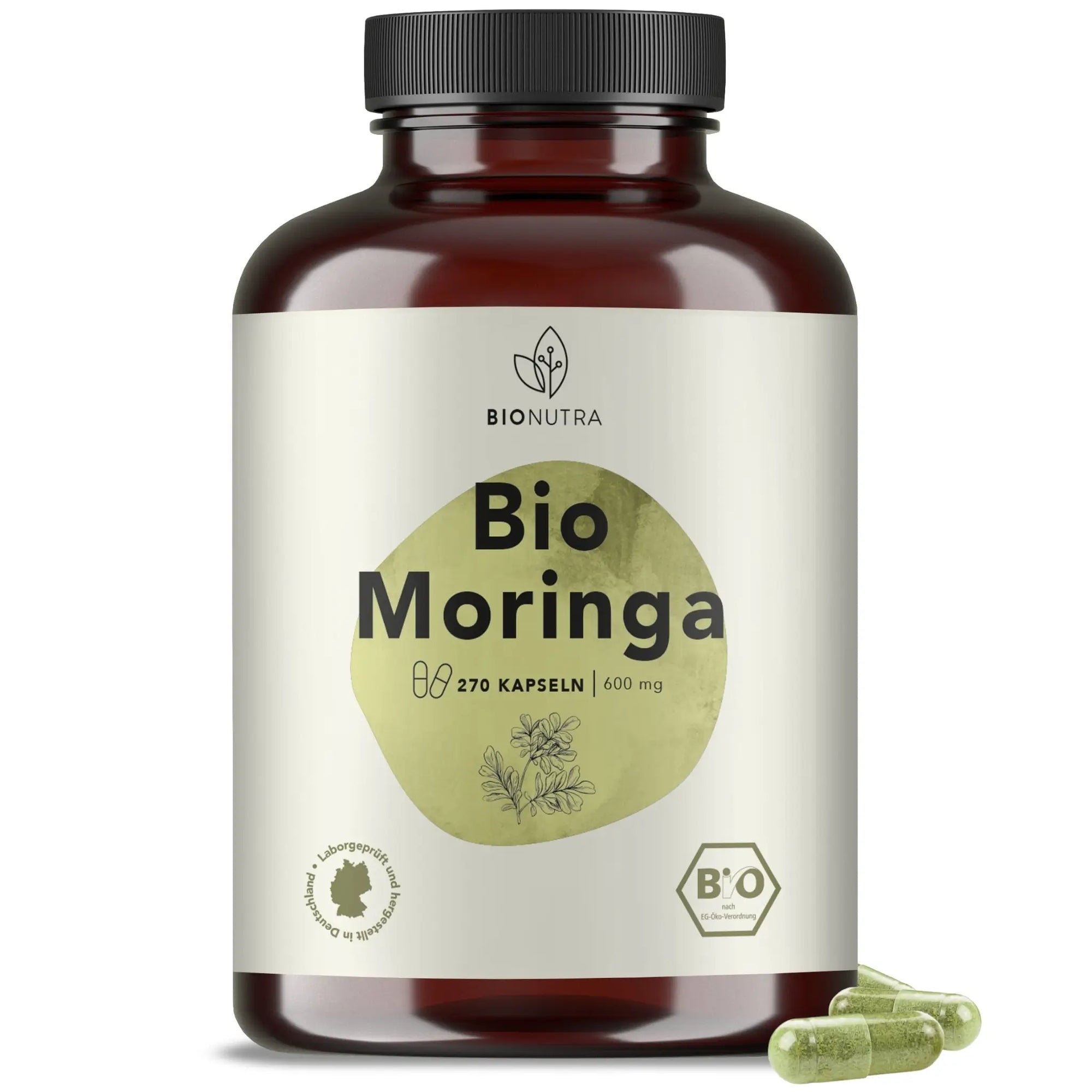 Bio Moringa Kapseln–hochdosiert, 270 Stück in brauner PET-Dose, 600 mg pro Kapsel