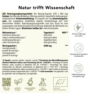 Produktinformation Bio Moringa Kapseln: Zutaten, Tagesdosis, Anwendungshinweise, Herkunft Indien, ohne Zusatzstoffe, wissenschaftlich fundiert, vegan, 2-Monatspackung